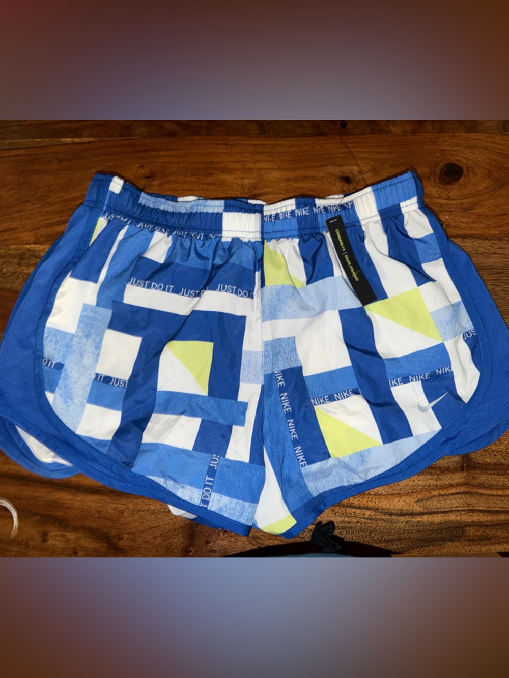 Nike Blue Geo-Print Women’s Athletic Shorts with White and Lime Accents